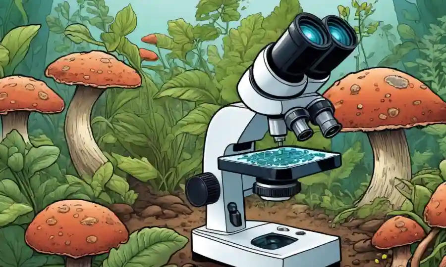 Un microscopio que muestra células fúngicas en acción, con un fondo lleno de plantas y cultivos.
