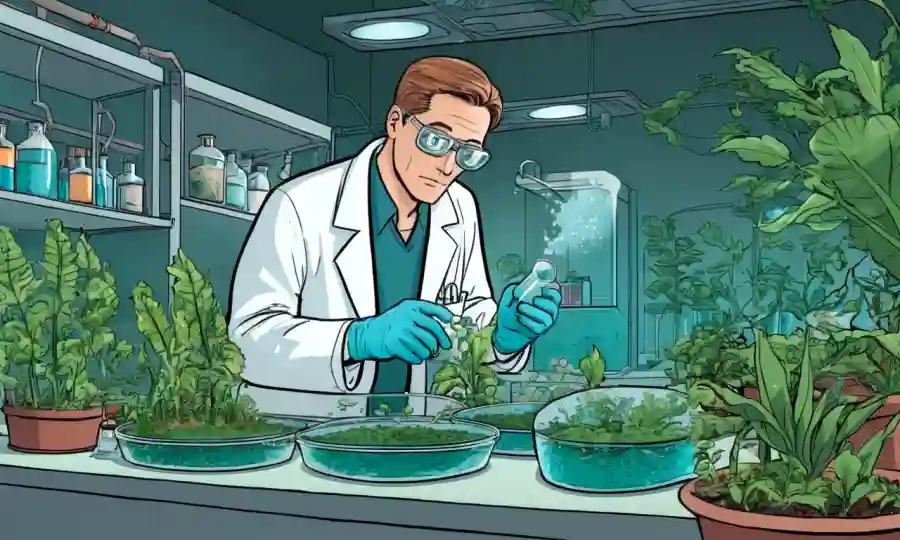 Un científico observando microorganismos en un plato Petri laboratorio que rodea las plantas.