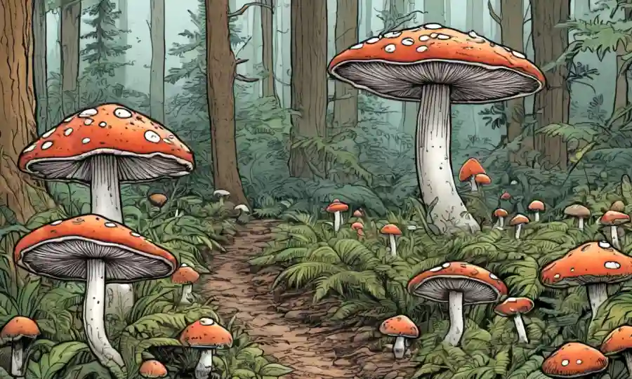 Crecimiento de hongos en arbustos forestales; hongos e ilustraciones de hongos.