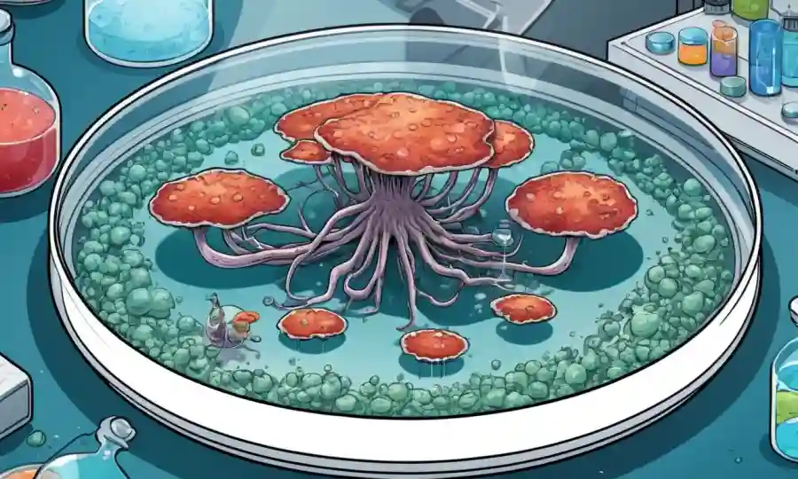 Un hongo creciendo en un plato petri rodeado de equipos farmacéuticos y estructuras moleculares.