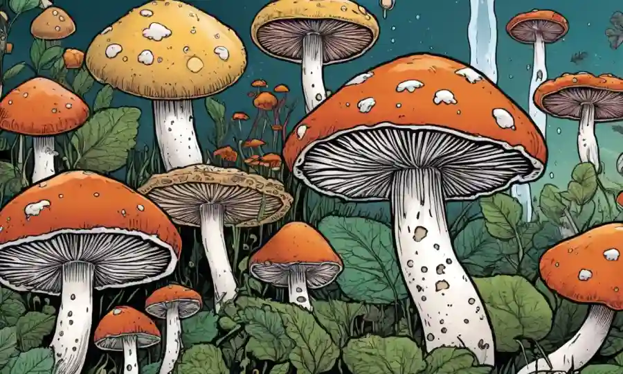 Setas en diversas formas que se utilizan como medicina con reacciones químicas y beneficios destacados.