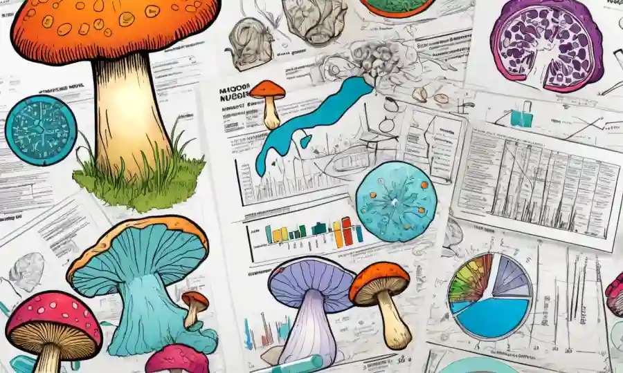 Coloridas ilustraciones de hongos junto con datos médicos y estadísticas en un entorno de laboratorio.