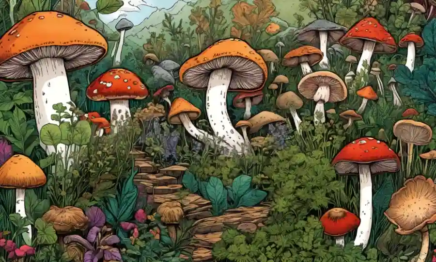 Ilustración de varios hongos, hierbas y personas en un entorno de salud holístico.