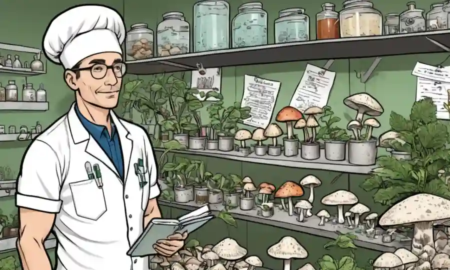 Botanista conteniendo diversos tipos de hongos junto al equipo de laboratorio y notas sobre un fondo de ilustraciones de plantas.