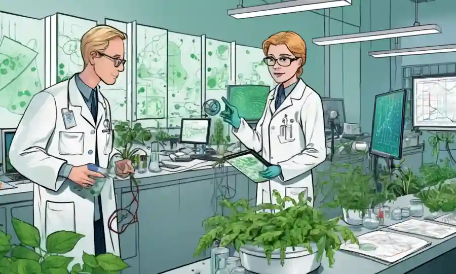 Científicos en un laboratorio rodeados de microorganismos y vegetación, con gráficos y gráficos mostrando resultados.
