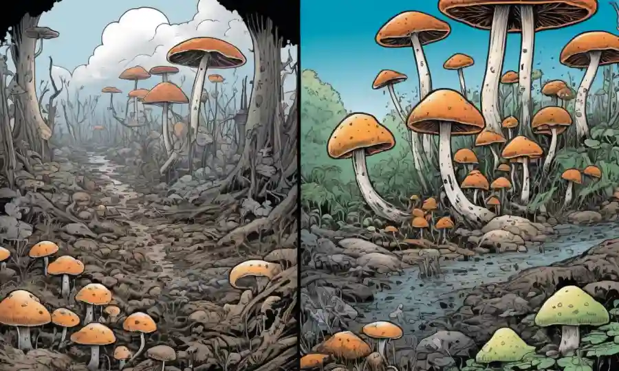 Fungi creciendo en un área contaminada, con un contraste antes y después.