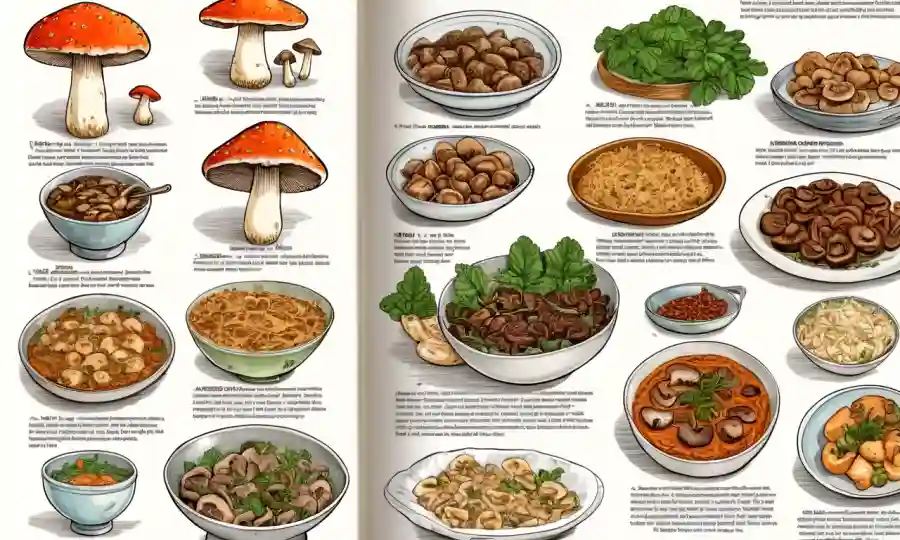 Una recopilación de recetas de hongos populares de la cocina asiática en una página de libro de cocina.