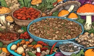 Varios hongos asiáticos en un fondo alimenticio colorido