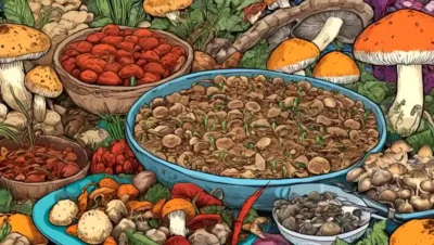 Varios hongos asiáticos en un fondo alimenticio colorido