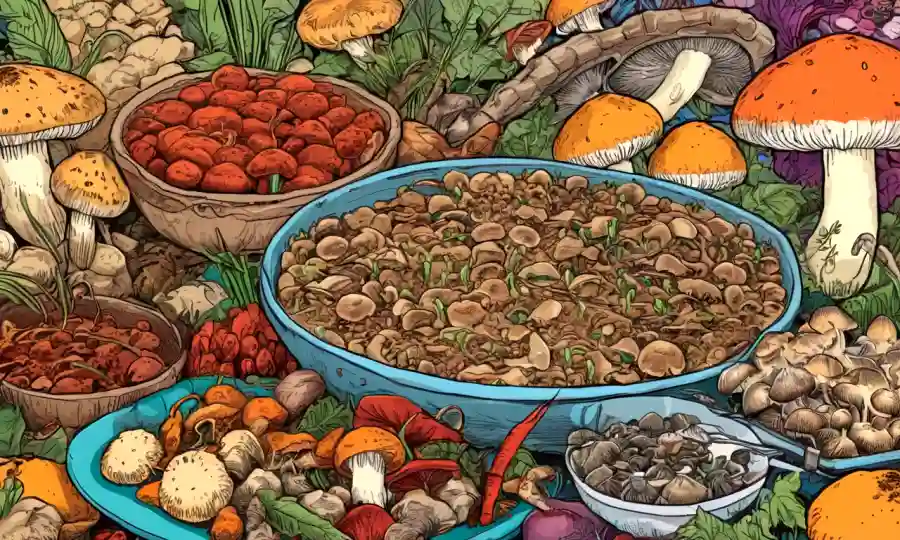 Varios hongos asiáticos en un fondo alimenticio colorido