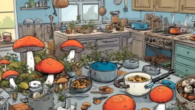 Setas creciendo en la cocina