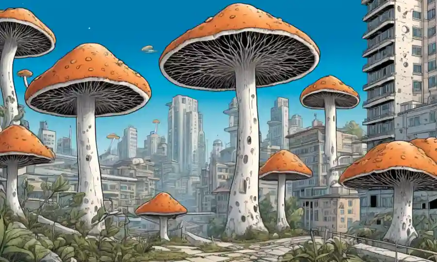 Un diseño arquitectónico con estructuras basadas en hongos en un paisaje urbano.