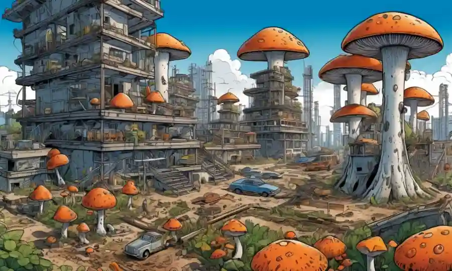 Un sitio de construcción moderno con edificios hechos de varias especies de hongos.