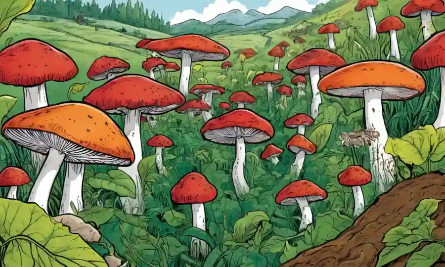 Los hongos descomponen materia orgánica con leyendas sobre agricultura sostenible.