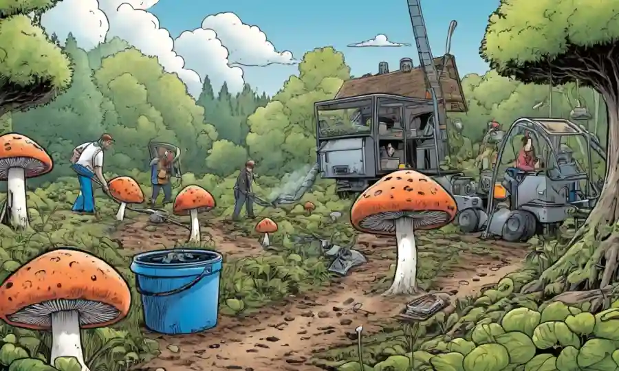 Fungi creciendo en la naturaleza, rodeado de equipos de limpieza y personas.