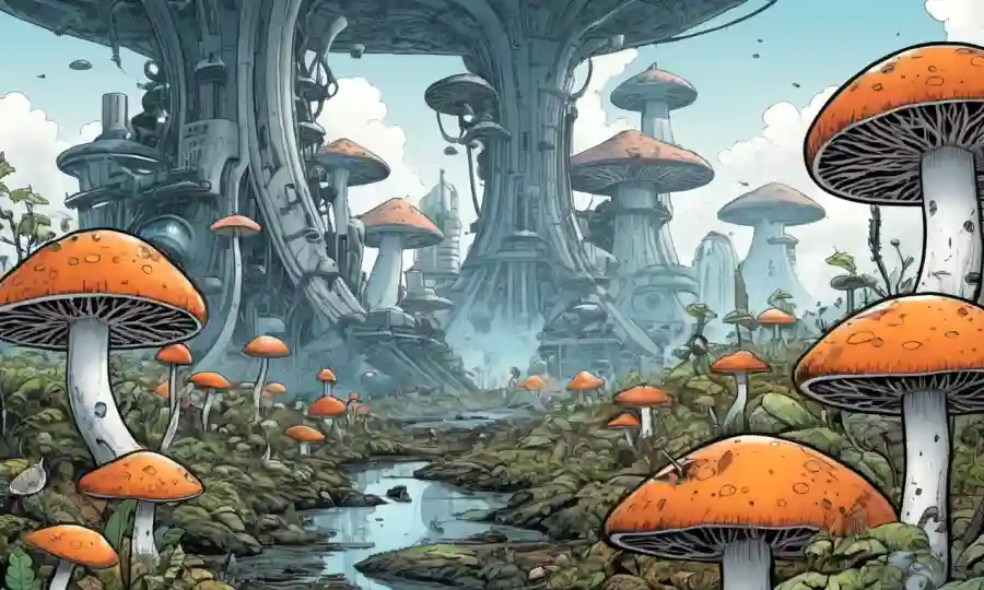Un ecosistema fusionado con hongos que prospera en medio de dispositivos de prevención de la contaminación futurista.