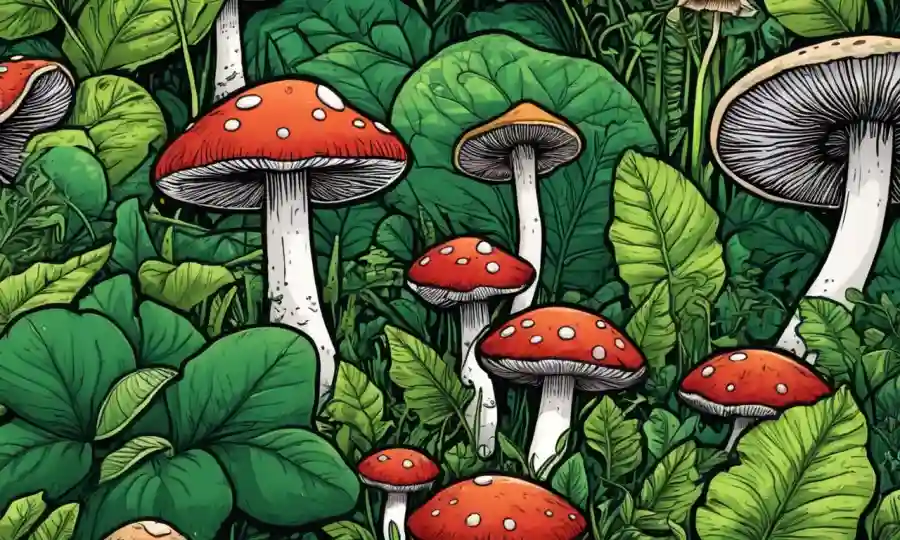 Un acercamiento de hongos creciendo en medio de plantas verdes exuberantes, con símbolos ecológicos e iconos ambientales.
