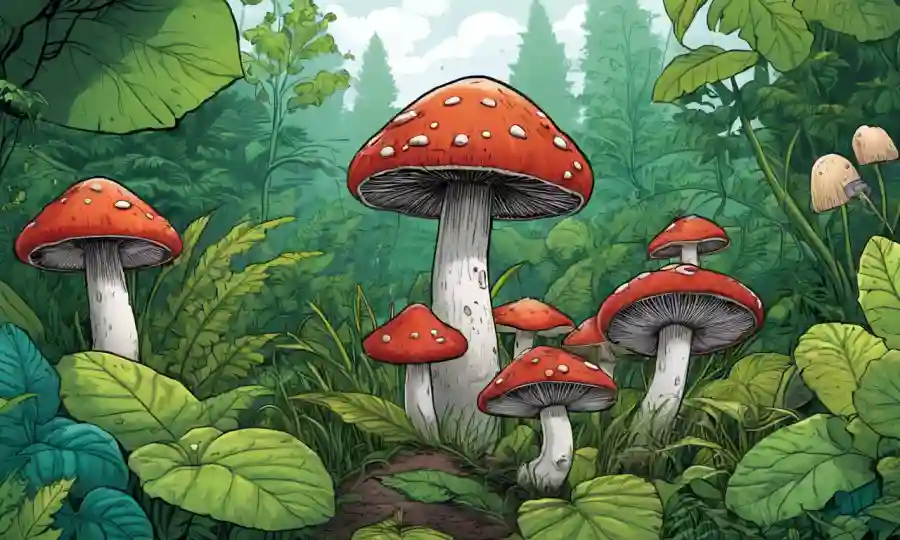 Varios hongos rodeados de vegetación exuberante, destacando la importancia ecológica y las relaciones simbióticas.