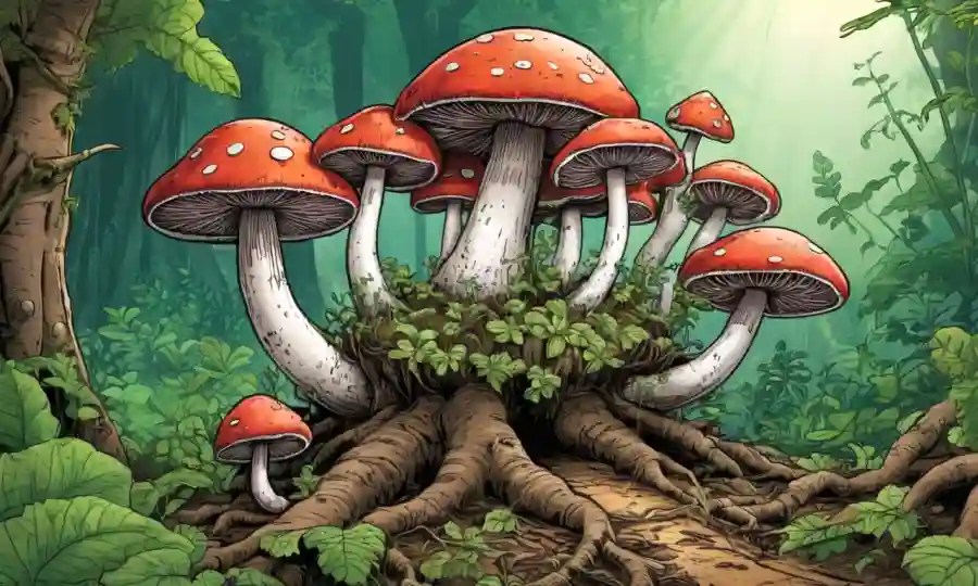 Setas creciendo en las raíces, rodeadas de exuberante follaje verde y texturas terrenales.