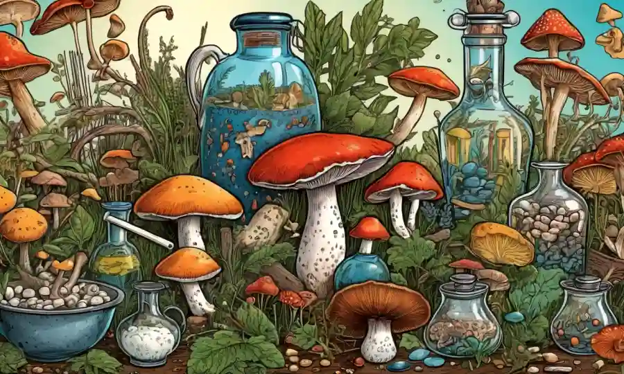 Muestras de setas rodeadas de remedios antiguos y productos farmacéuticos modernos.