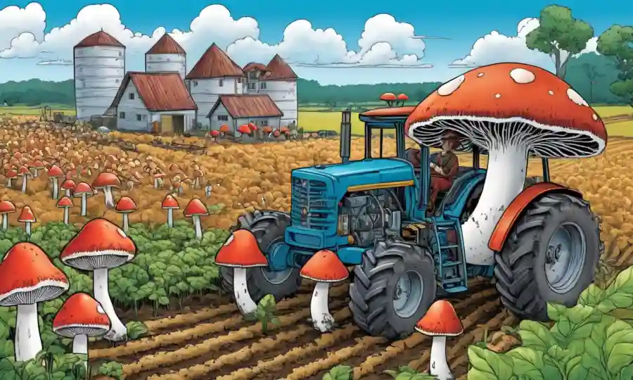 Mushrooms growing amidst agricultural equipment on a farm background.