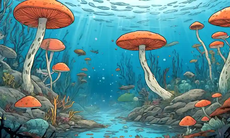 Ilustración de hongos acuáticos que interactúan con organismos acuáticos en un ecosistema acuático.
