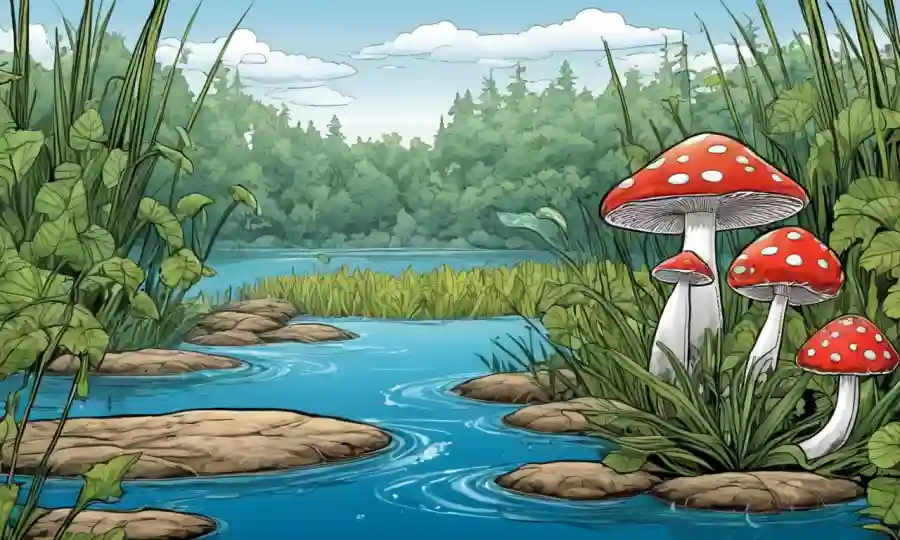 Setas creciendo entre plantas acuáticas en un río o lago.