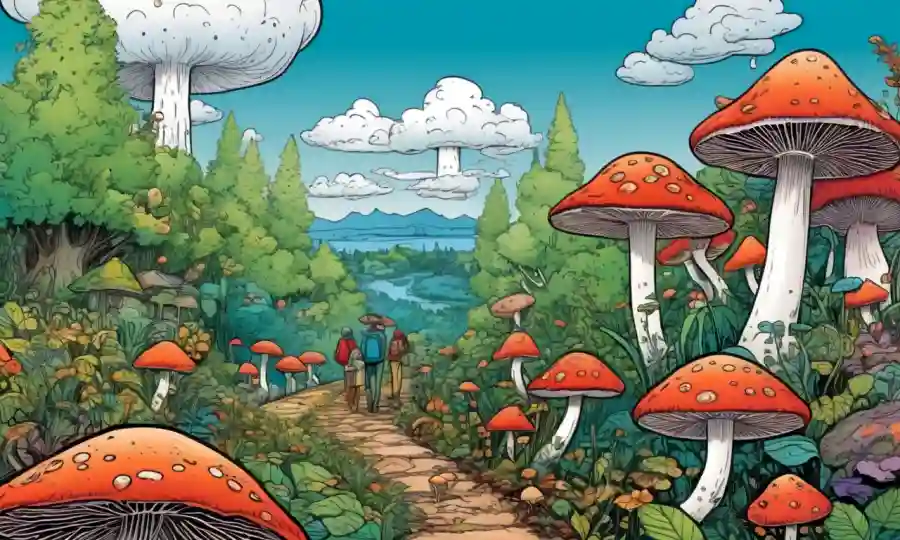 Setas creciendo en medio de paisajes terapéuticos con personas que exploran el bienestar.