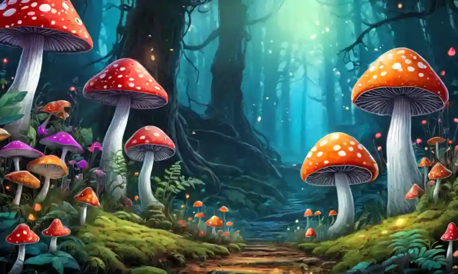 Setas coloridas creciendo en medio de símbolos místicos en un suelo forestal.
