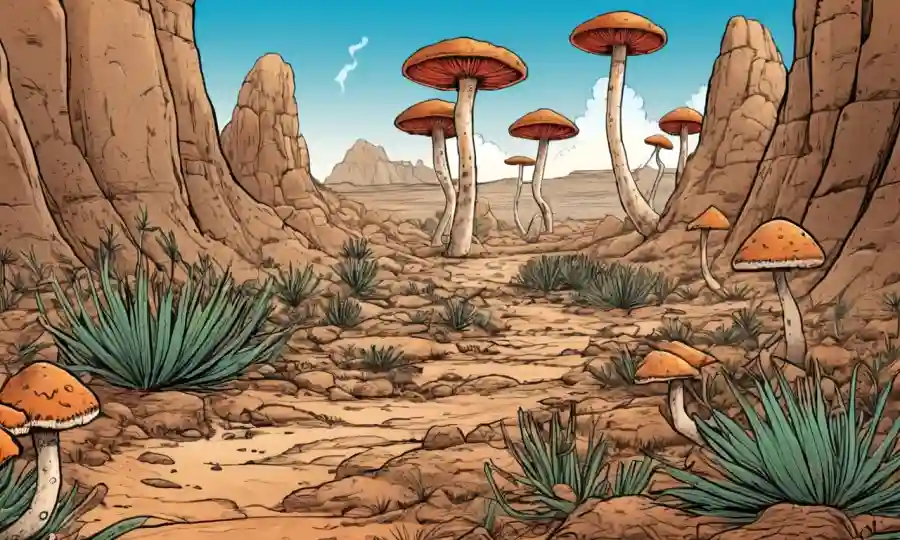 Especie de hongos únicos creciendo en medio de texturas áridas del desierto o exuberante vegetación.