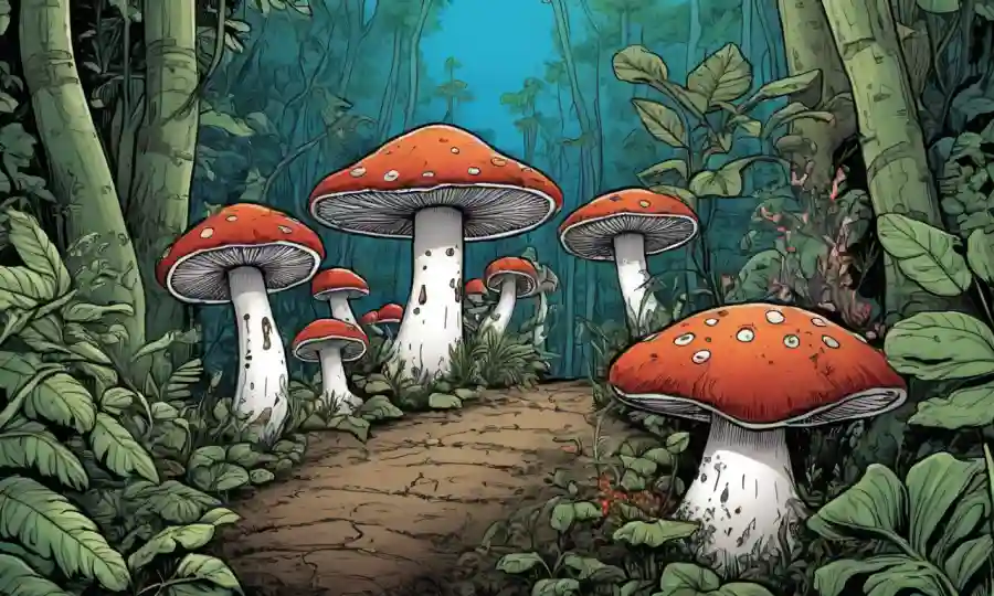 Fungi de grupo rodeado de plantas, destacando su papel en los ecosistemas.