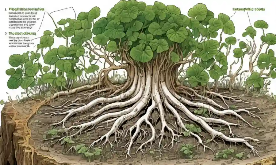 Imagen cercana del crecimiento endofitico de hongos en raíces vegetales rodeada de diagramas ecológicos.