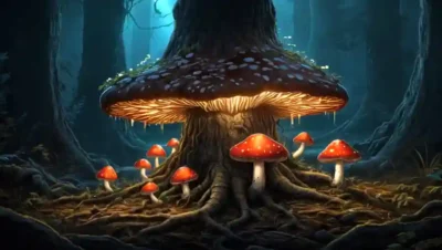 Setas iluminadas creciendo en las raíces de los árboles