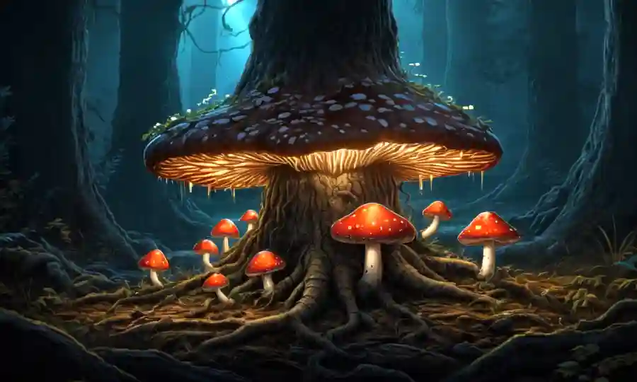 Setas iluminadas creciendo en las raíces de los árboles