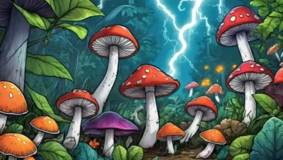 Una variedad de setas coloridas rodeadas de elementos energizantes como relámpagos y vegetación.