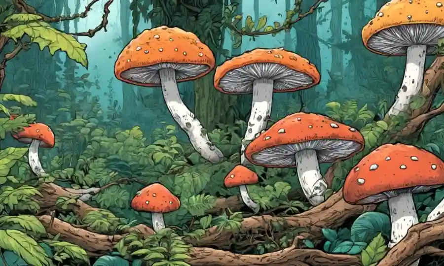 Ilustración de varios hongos creciendo en ramas de árboles y hojas en un bosque exuberante.