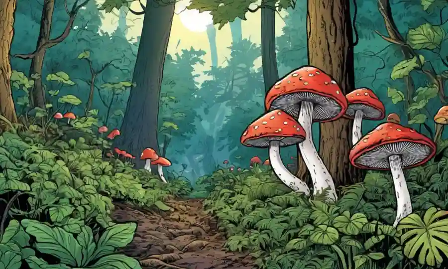 Setas que crecen en plantas o árboles en un exuberante entorno forestal.