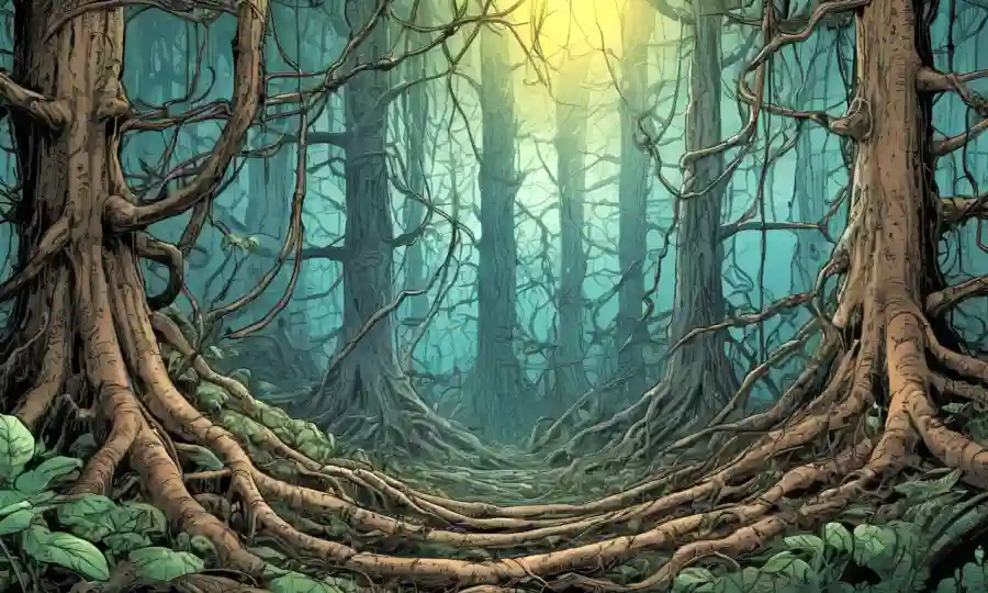 Ilustración de redes fúngicas que conectan las raíces vegetales en un ecosistema forestal.
