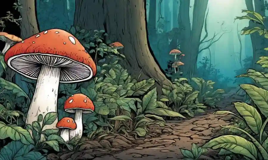 Un hongo creciendo cerca de otras plantas y materia orgánica en un bosque.