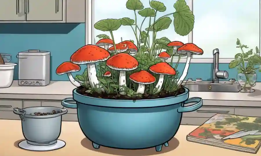 Un hongo creciendo en una olla en un mostrador de cocina