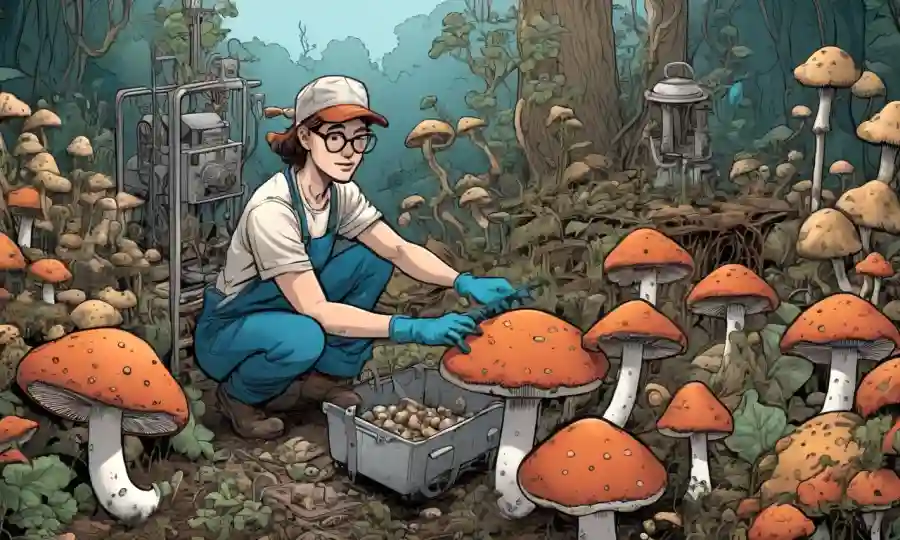 Una persona que llevaba guantes manipulando equipos de cultivo de hongos rodeados de varias especies fúngicas en una configuración casera.