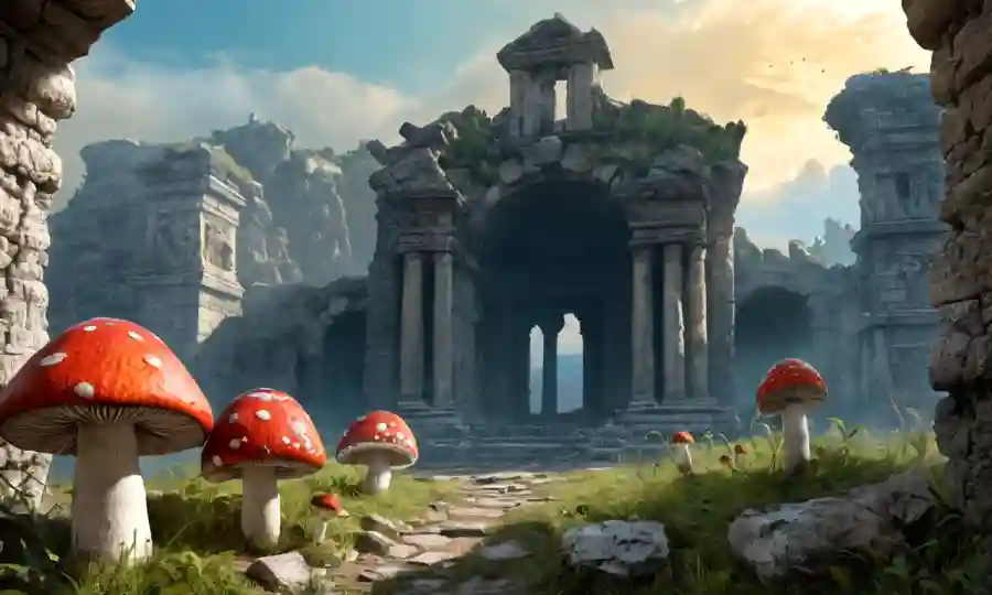 Setas creciendo en medio de ruinas antiguas o artefactos históricos.