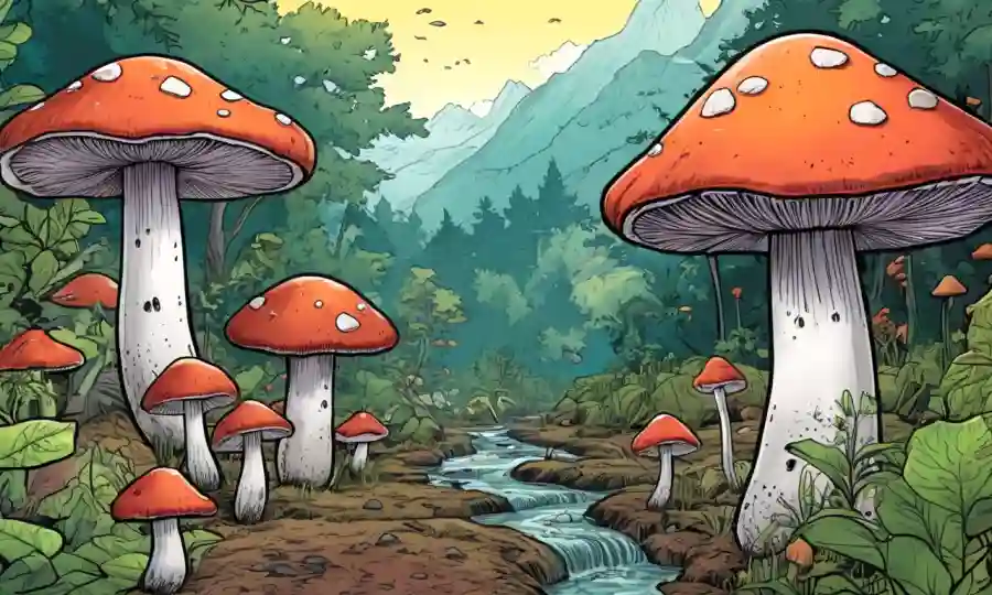 Setas que crecen dentro de diversos ecosistemas, rodeados de conceptos de conservación de la naturaleza y datos de investigación.