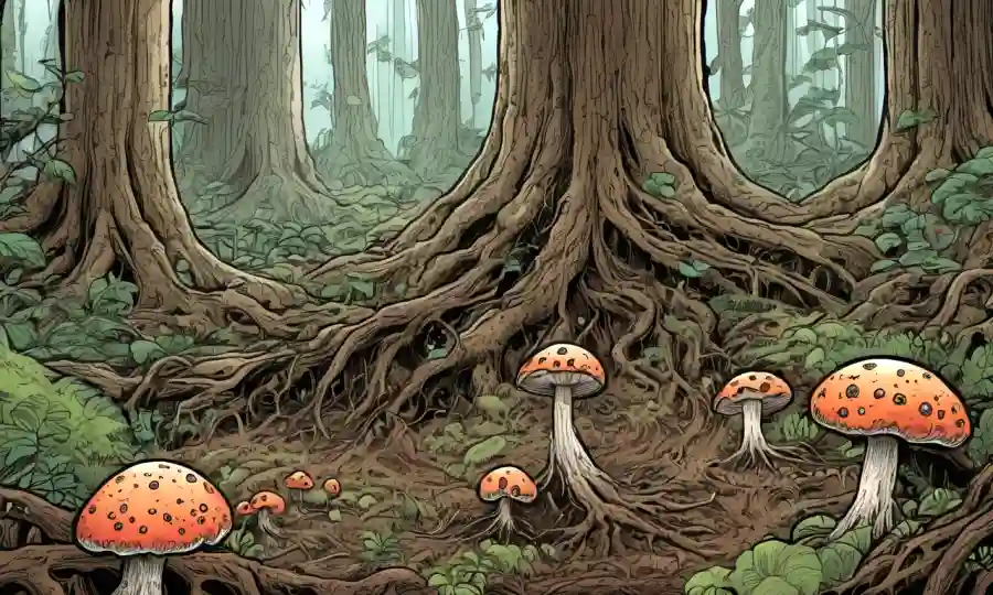 Estructuras fúngicas que crecen alrededor de las raíces vegetales en un ecosistema forestal.