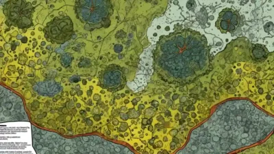 Imágenes microscópicas de líquenes rodeados de gráficos y diagramas ambientales.