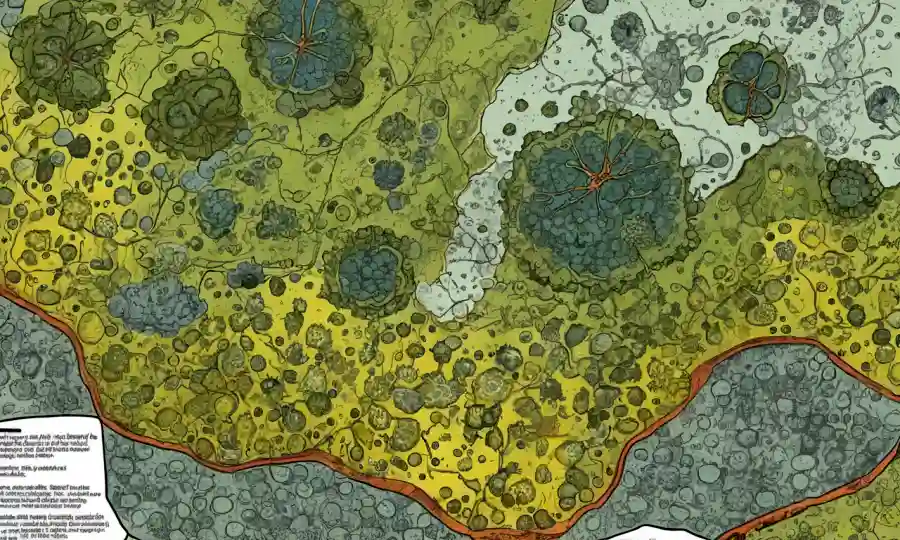 Imágenes microscópicas de líquenes rodeados de gráficos y diagramas ambientales.
