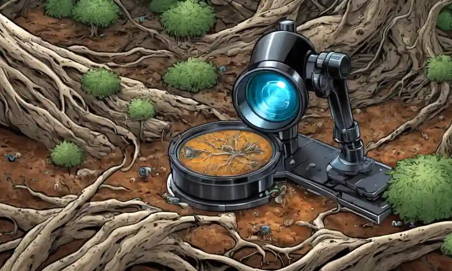 Un microscopio magnifica células fúngicas entre raíces de árboles y materia descompuesta.