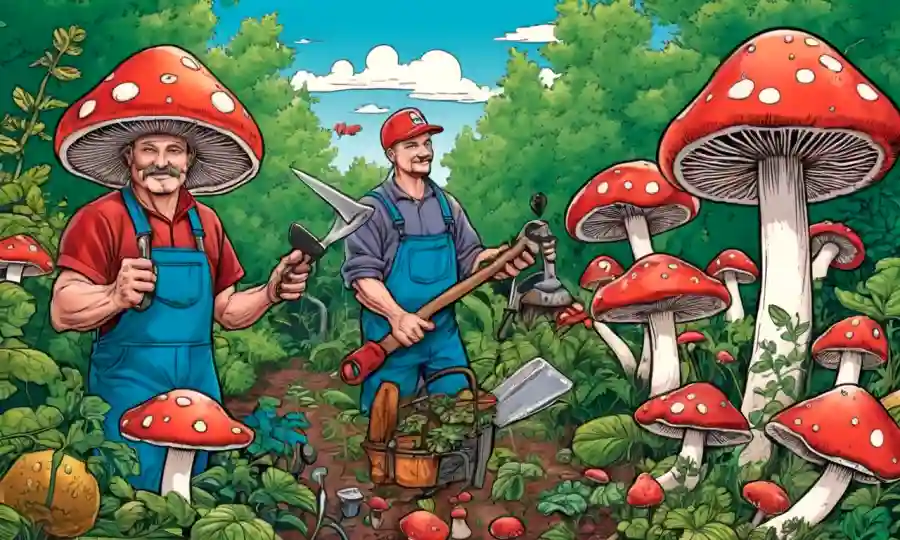 Los cultivadores sostienen hongos vibrantes rodeados de exuberantes herramientas de follaje y jardinería.