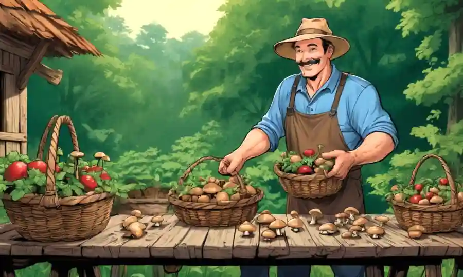Granjero manejando cestas de hongos por una mesa de madera rústica rodeada de exuberante follaje verde.