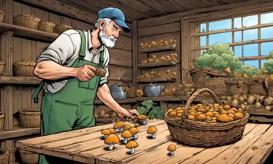 Agricultor inspeccionando hongos creciendo en una mesa de madera rústica con cestas en el fondo.